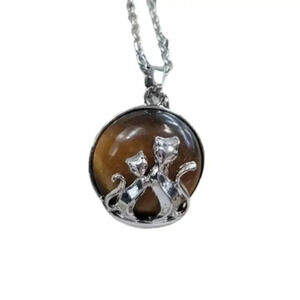 Cats Eye Mother and Baby Cat Necklace with Natural Stone Center Stainless Steel